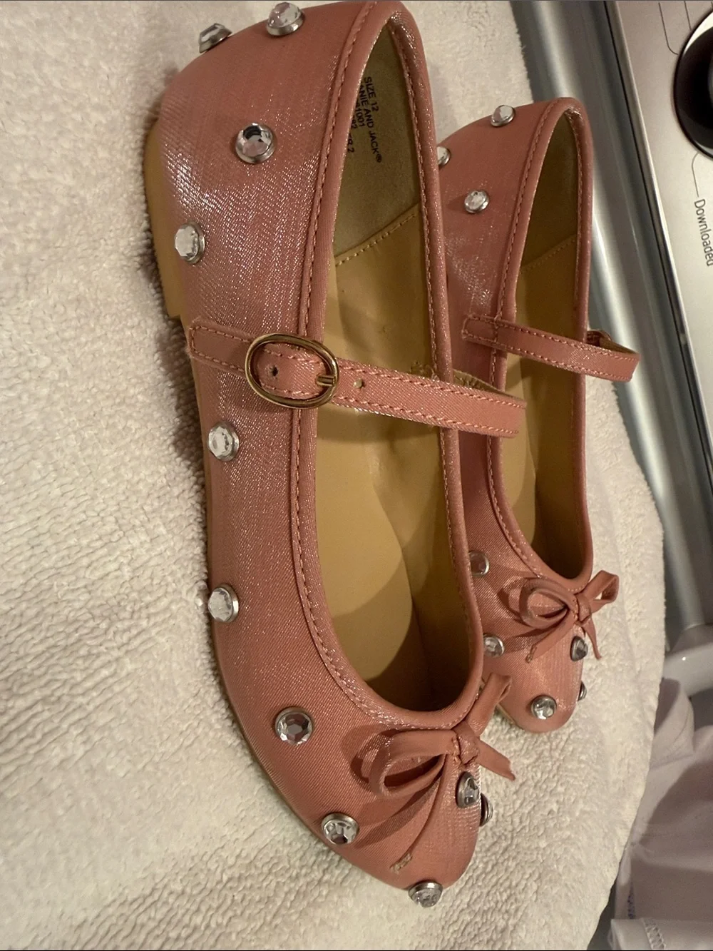 Janie and Jack Pink Mary Jane Flats with Bow and Gem Embellishments